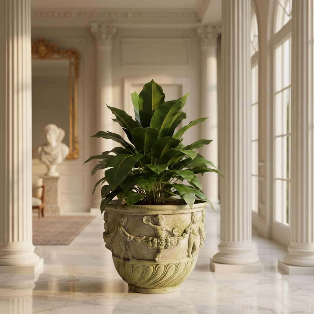 Cherub & Garland Urn Planters White Moss Garden Statue