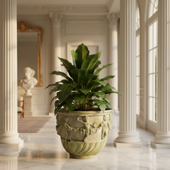 Cherub & Garland Urn Planters White Moss Garden Statue