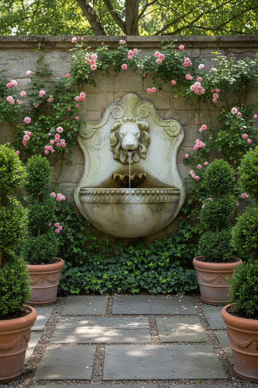 Lion & Shell Wall Fountain Garden Display