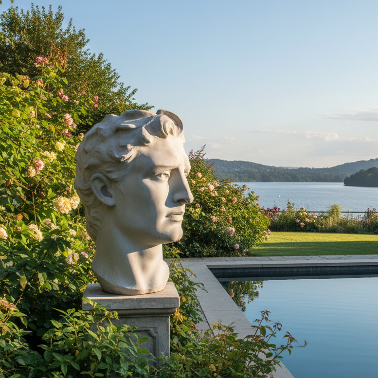 Statue of a classical head in a garden with a pool and scenic view.