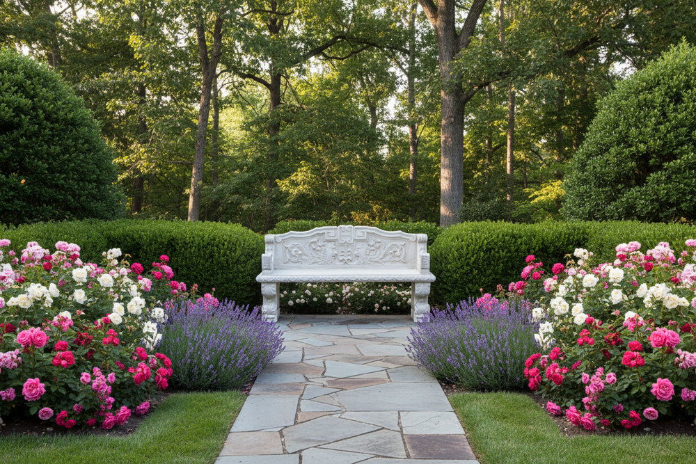 Stone bench in a garden with flowers and trees