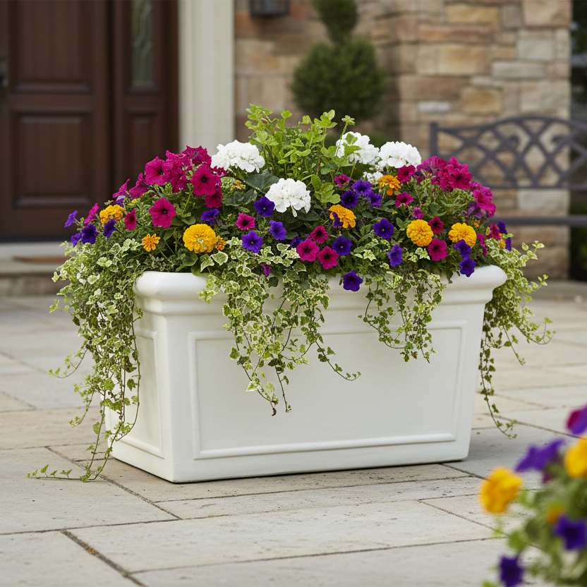 White planter box with colorful flowers on a patio