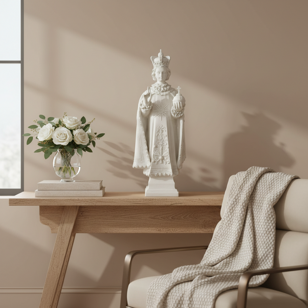 White statue on a wooden table with flowers and books, next to a chair with a blanket.