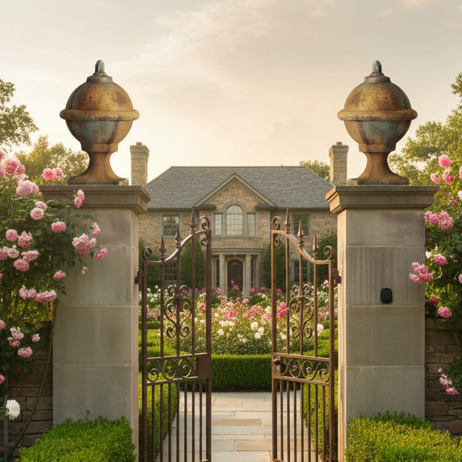 Gated entrance to a mansion with flowering bushes and trees