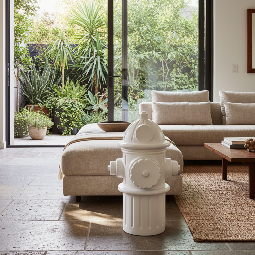 Living room with a white fire hydrant sculpture, beige sofa, and large glass door leading to a garden.
