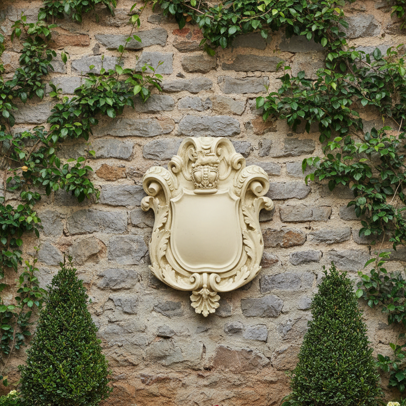 Decorative wall plaque on a stone wall with greenery