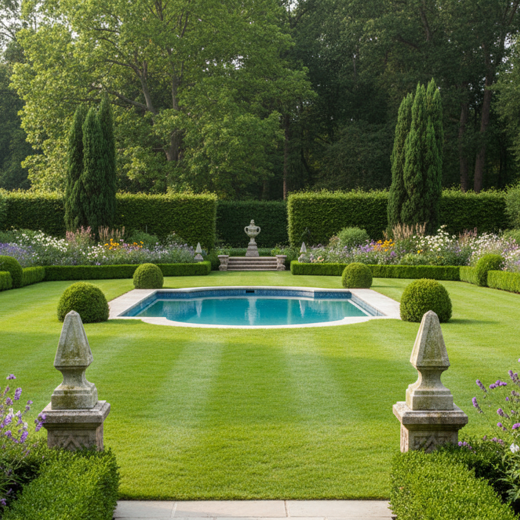 Garden with a pool surrounded by manicured lawns and flowers
