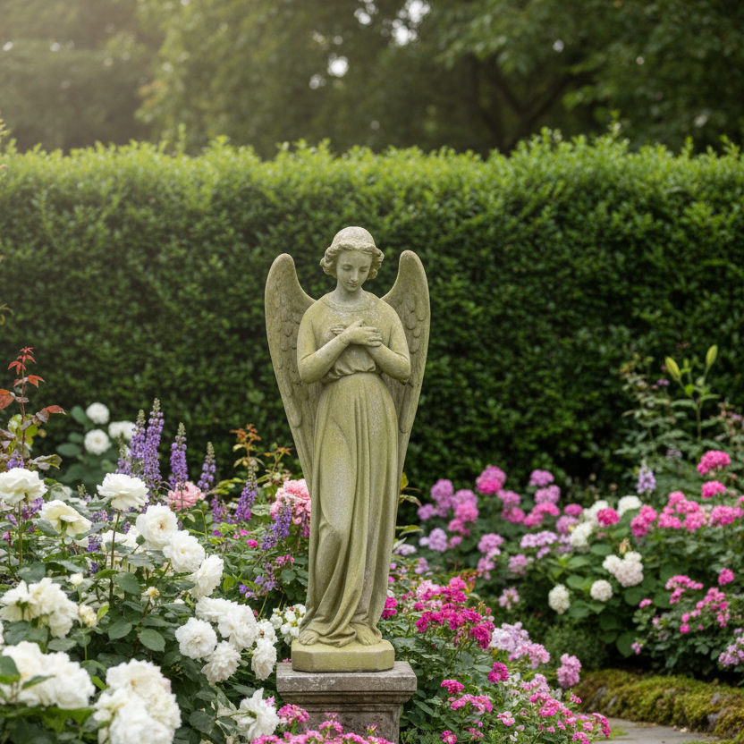 Statue of an angel in a garden with flowers and a stone path