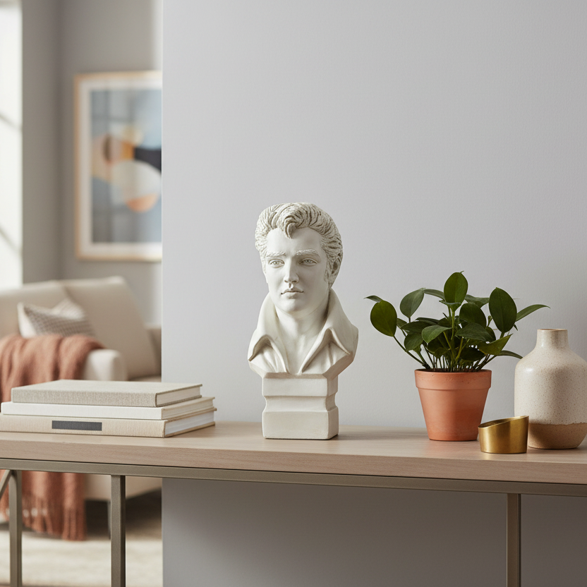 Decorative table with a bust, books, plant, and vase in a room with a window and sofa.