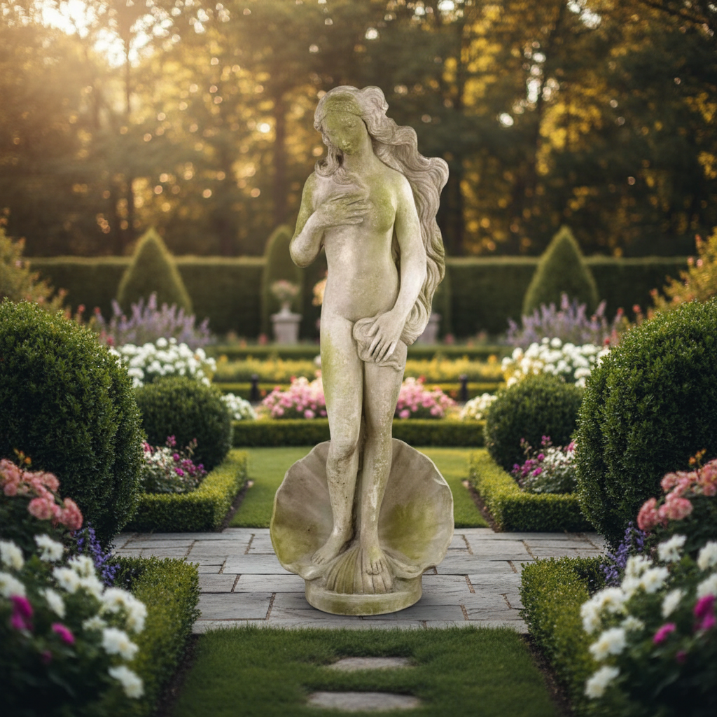 Statue of a woman in a garden with manicured hedges and flowers