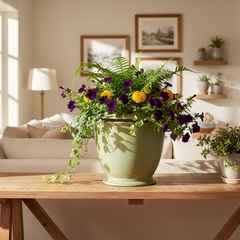 Decorative table with a large green vase of flowers in a living room setting.