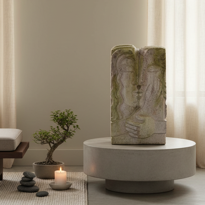 A serene interior setting with a stone sculpture, small tree, and candles on a rug.