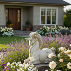 Statue of a lion in a garden with flowers and a house in the background
