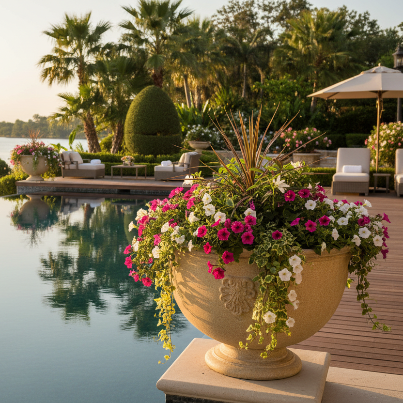 Decorative urn with flowers by a poolside with palm trees and lounge chairs.