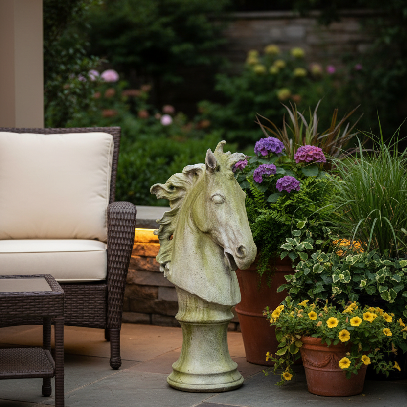 Outdoor patio with a horse statue, potted plants, and a cushioned chair.