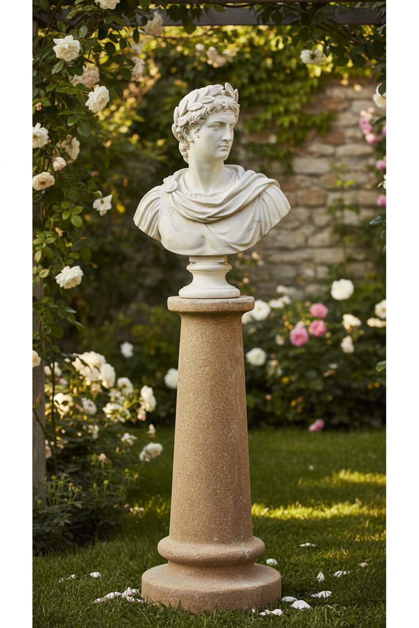 Statue of a classical bust on a pedestal in a garden setting with flowers and a stone wall.