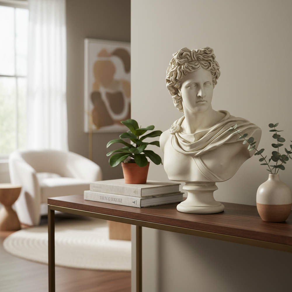 Statue of a classical bust on a white background