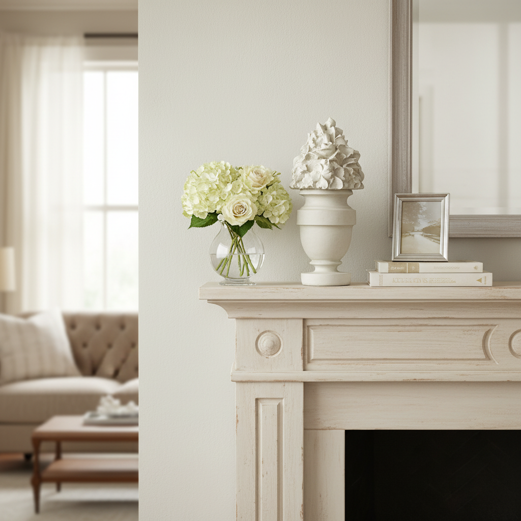 Decorative items on a fireplace mantel including flowers and a vase.