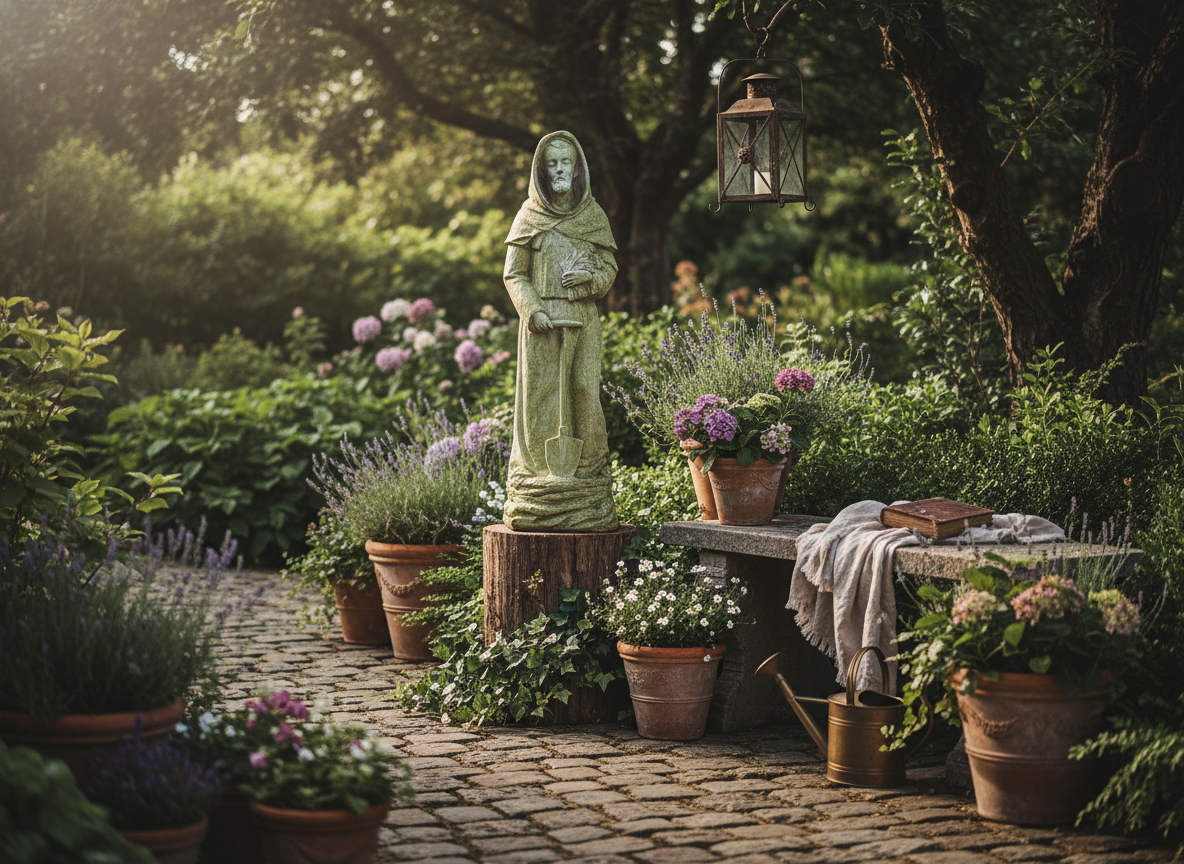 St. Fiacre Religious Sculpture Statue Rock Base