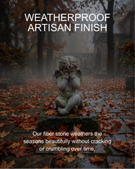 Statue of an angel in a foggy, leaf-covered garden with text about weatherproof artisan finish.