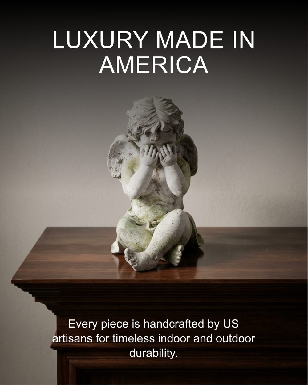 Statue of an angel on a wooden pedestal with text about American craftsmanship.