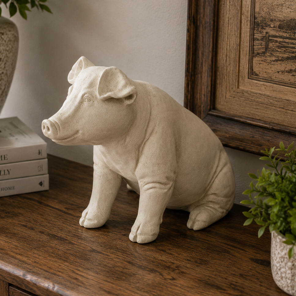 White ceramic pig figurine on a wooden surface with books and plants in the background