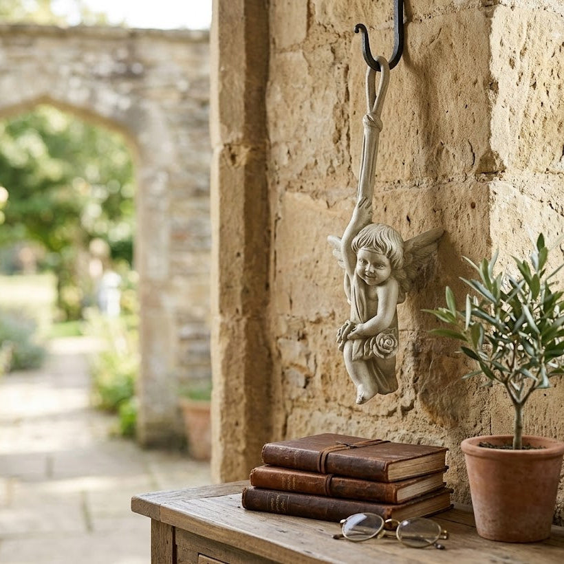 Decorative cherub figure on a stone wall with books and a plant on a wooden table.
