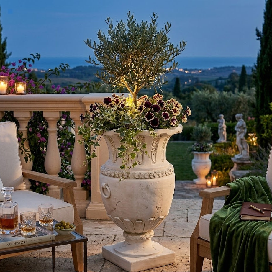 Outdoor setting with chairs, table, and decorative urn with flowers on a stone patio.