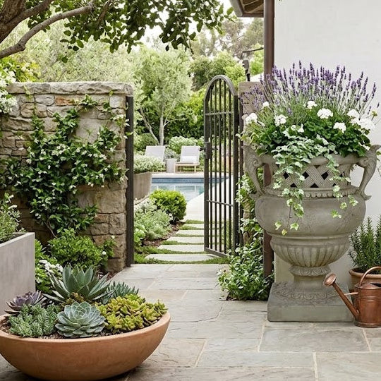 Outdoor patio with potted plants, a wooden door, and garden furniture.
