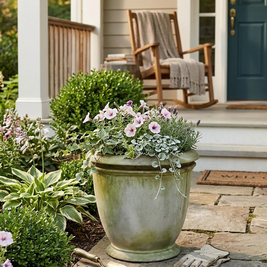 Decorative garden with a large planter on a stone patio in front of a house.