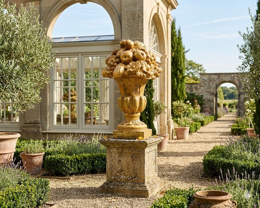 Decorative urn in a garden setting with classical architecture
