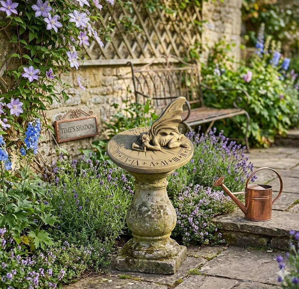 Decorative sundial in a garden with flowers and a bench in the background