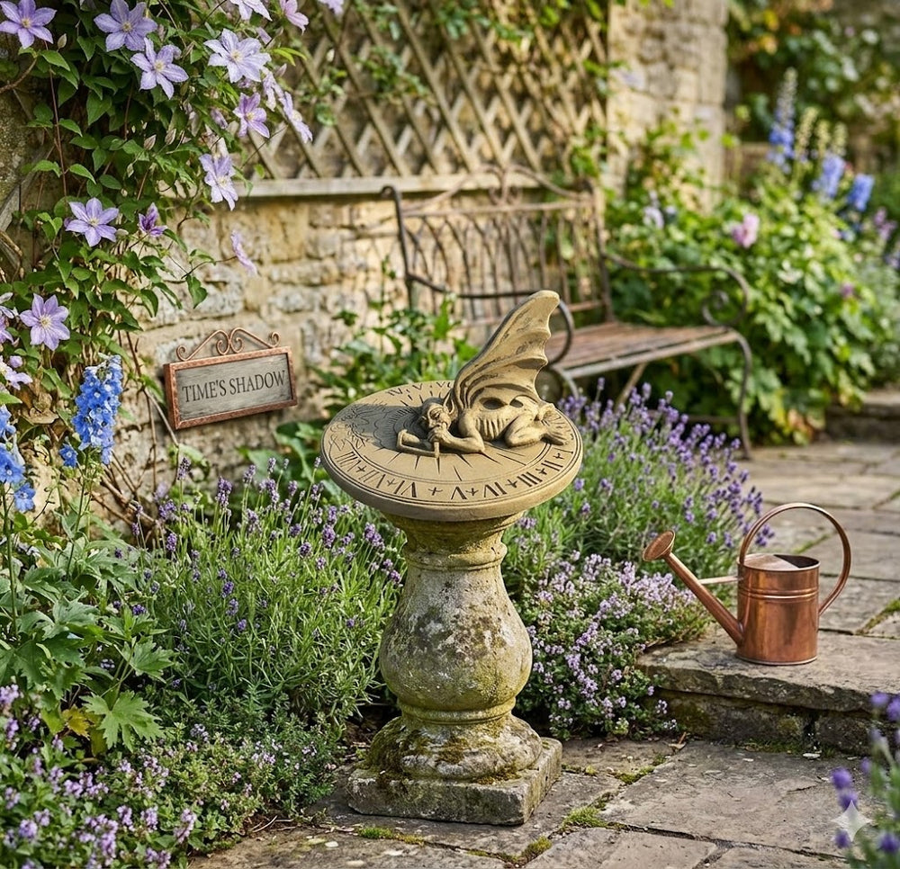 Decorative sundial in a garden with flowers and a bench in the background
