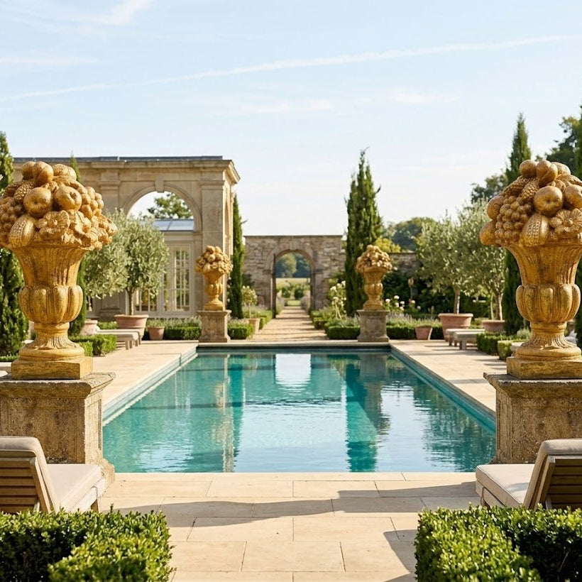 Luxurious outdoor setting with a pool, decorative urns, and manicured gardens.
