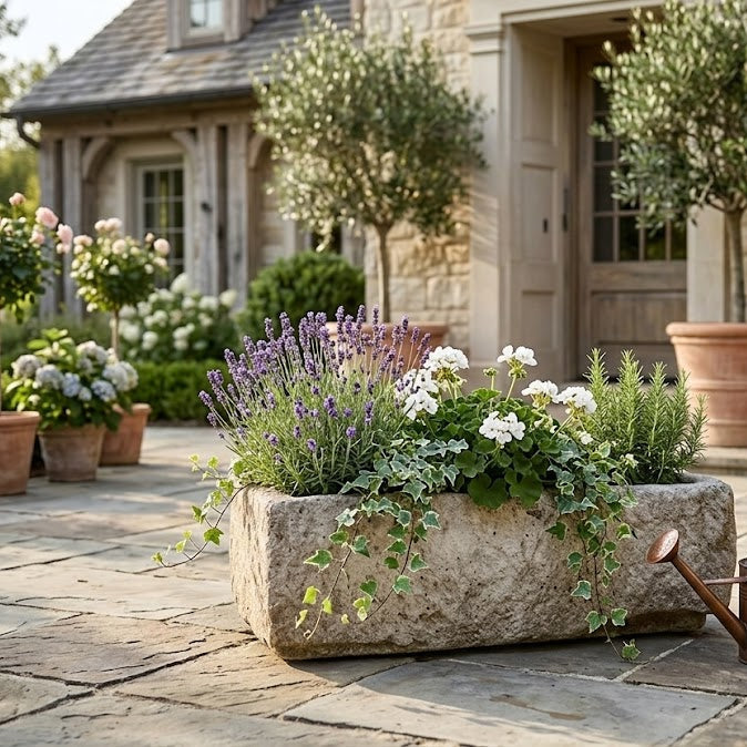 Decorative stone planter with flowers on a patio in front of a stone building.