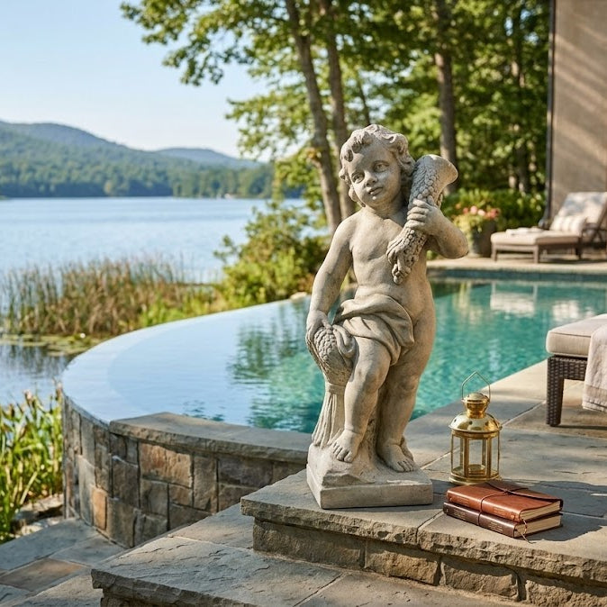 Statue of a cherub by a pool with a scenic lake view