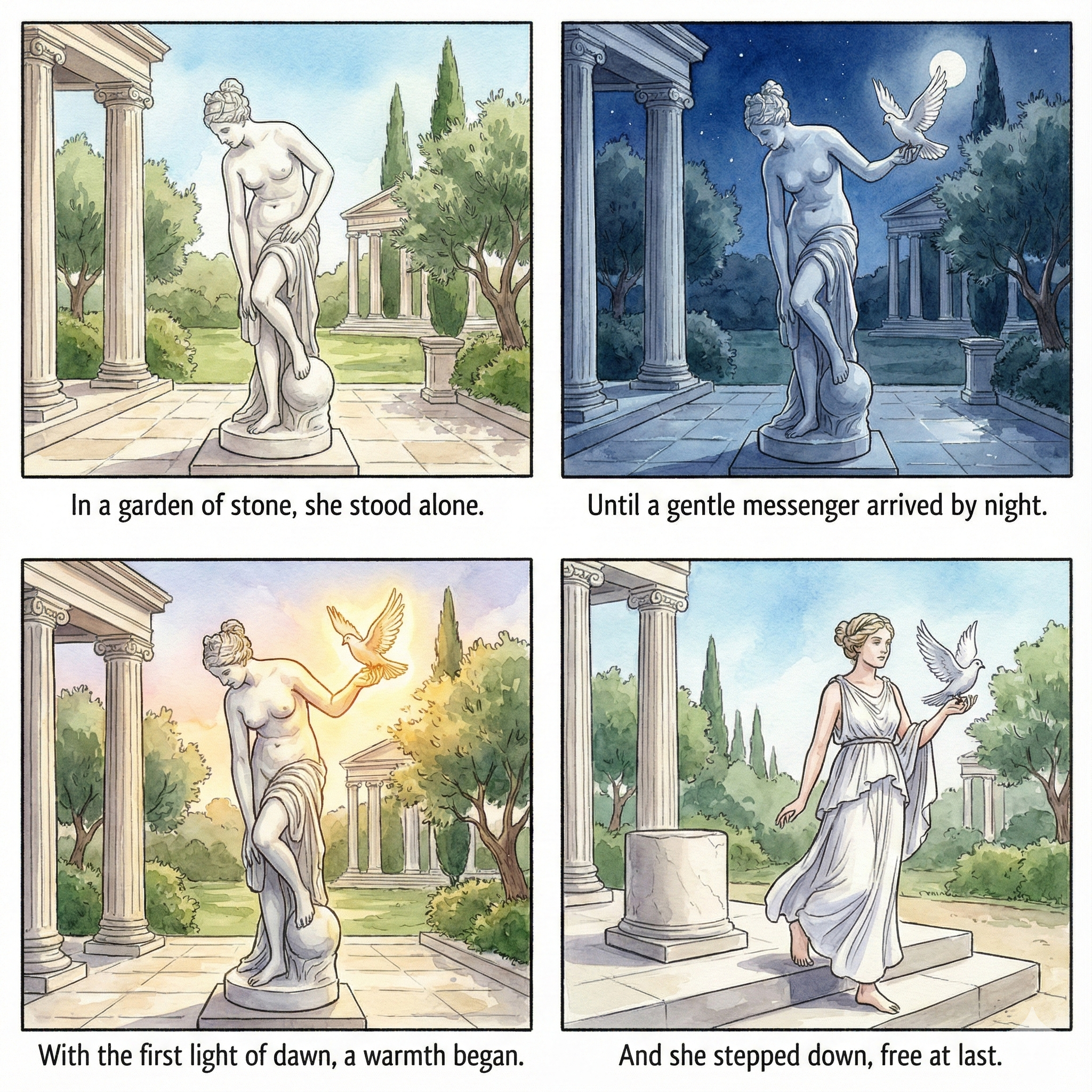 Comic strip of a statue in a garden with a woman in a white dress, transitioning from night to day.