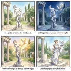 Comic strip of a statue in a garden with a woman in a white dress, transitioning from night to day.