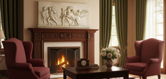 Cozy living room with fireplace, chairs, and decorative elements.