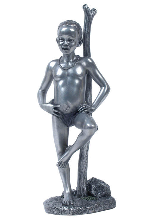 Maasai Kid Leaning On Branch(Pewter) - Ethnic Collectibles. - XoticBrands Home Decor