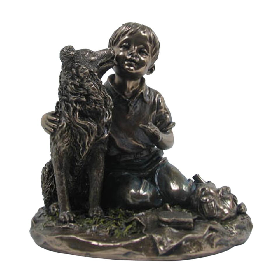 Boy With Rough Collie(Bronze) - Animal Statue - XoticBrands Home Decor