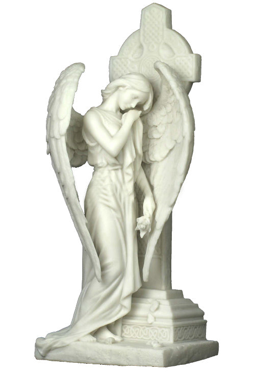  Weeping Angel Leaning On Celtic Cross (Marble White) - Religious, Angel, XoticBrands, XoticBrands Home Decor