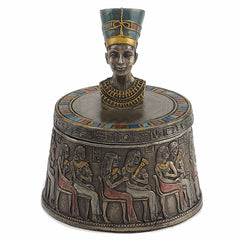 Round trinket box with a bronze finish bust of Nefertiti on the lid